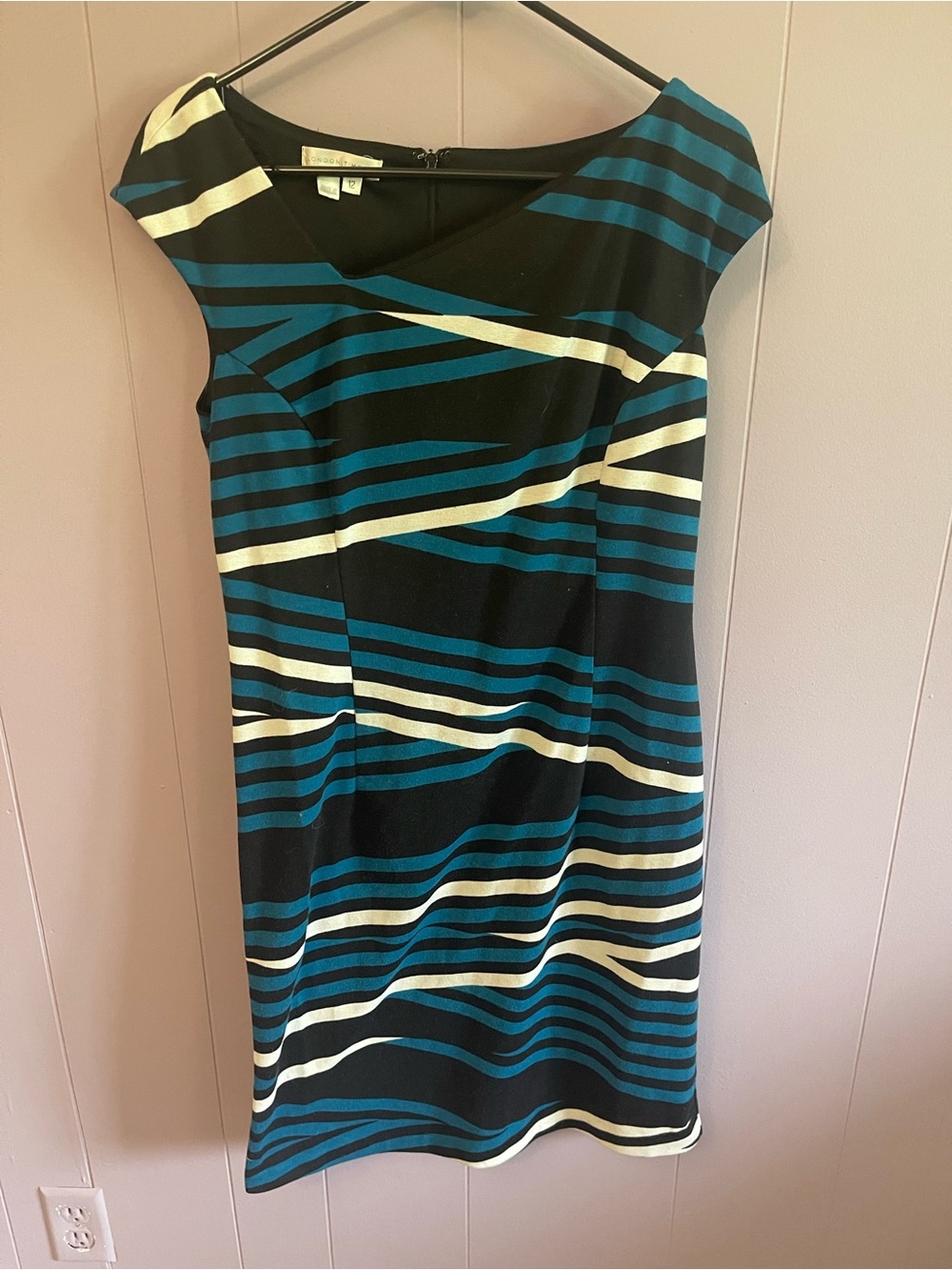London Times Black Sheath Dress with Teal and Cream Stripes